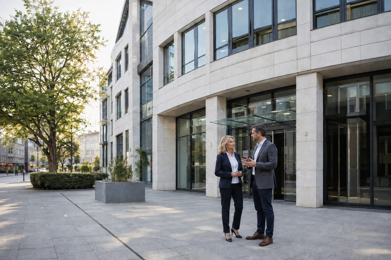Eigentümerin und Kaufinteressent vor einer hellen österreichischen Büroimmobilie